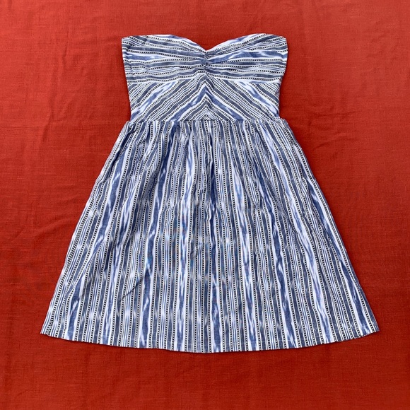 Ruched Sweetheart Neckline Southwest Stripe Cotton Chambray Strapless Mini Dress - Picture 1 of 9